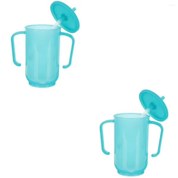 Garrafas de água para adultos, copos de plástico com duas alças, tampas, canudos, transparente, azul, copo para adultos, produtos para pacientes acamados, não derramados