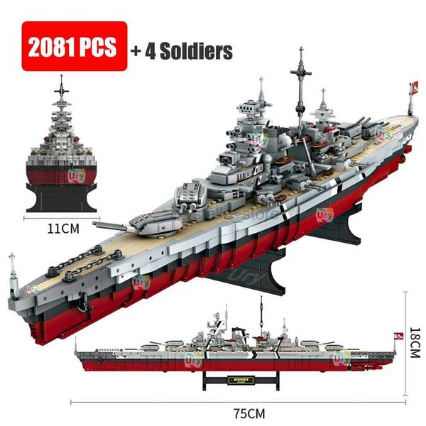 Blocos 2081pcs Militar WW2 Bismarck Battleship Grande Barco Cruiser Modelo Arma Blocos de Construção MOC Warship Set Brinquedos para Crianças Presentes 240120