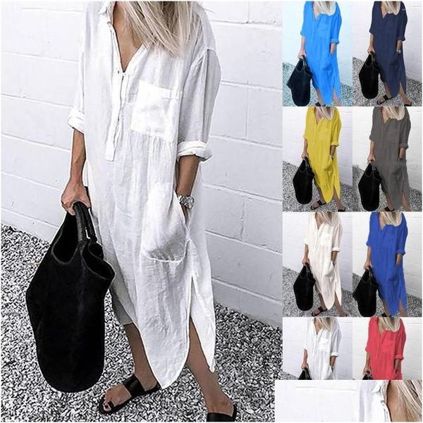 Vestidos casuais básicos vestidos casuais mulher camisa longa vestido de algodão roupas coreanas branco boho praia grande maxi azul verão 2023 outono dhdth