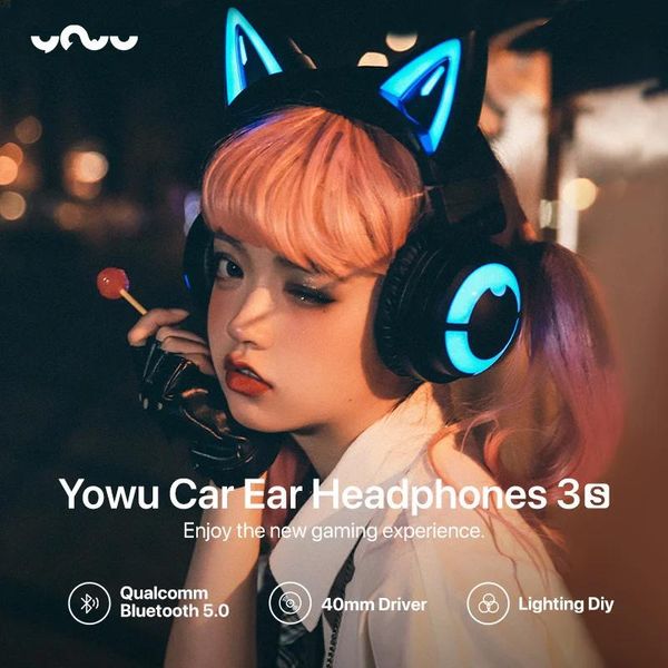 Оригинальные наушники YOWU 3S Cute Cat, беспроводные наушники, управление через приложение, RGB-подсветка, высококачественные наушники, наушники Cat Casco Girl, милые кошачьи уши, гарнитуры