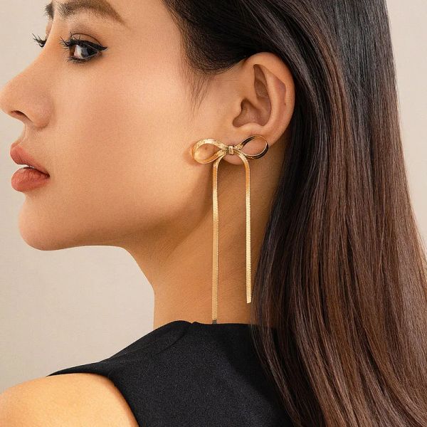 Neue lange Quasten Schleife baumeln 14k Gelbgold Ohrringe flache Schlangenkette Schleife Ohrstecker minimalistische Creolen leichter Schmuck Mädchen Geschenke