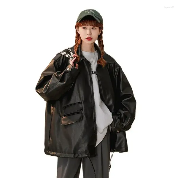 Trench da donna Cappotto nero Abito in pelle PU Design Sense Moto 2024 Anni '90 Moda uomo e top da lavoro