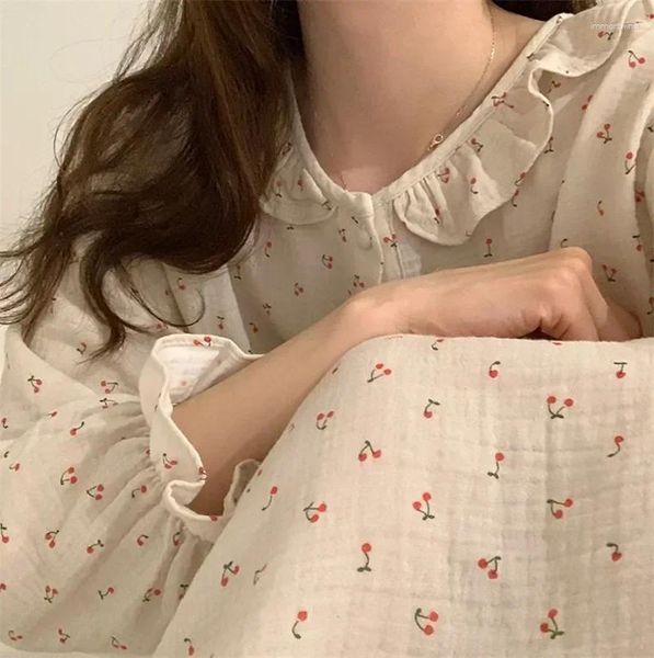 Indumenti da notte da donna larghi donna coreana stampa lunga abbigliamento per la casa abito autunnale ciliegia elegante Kawaii casual volant per il sonno