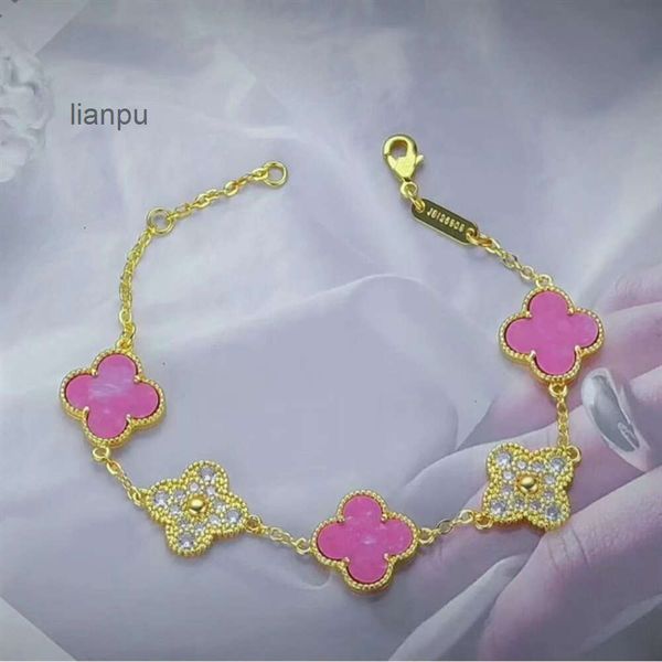 Van Clover Jewelry Clef Cleef Pulseira de trevo de quatro folhas pulseira vanly Clefly Transmissão ao vivo da nova pulseira Lucky Four Leaf Grass Pulseira de diamante rosa rosa F