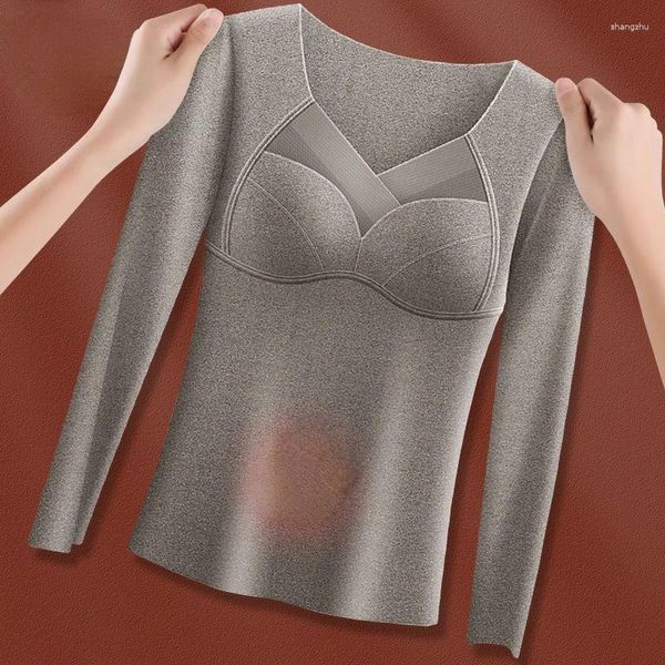 Damen Tanks 2024 Herbst Winter Thermo Top 2 Stück Set Innenschicht Basismantel T-Shirt Langarm Unterwäsche Verdickter Samt BH