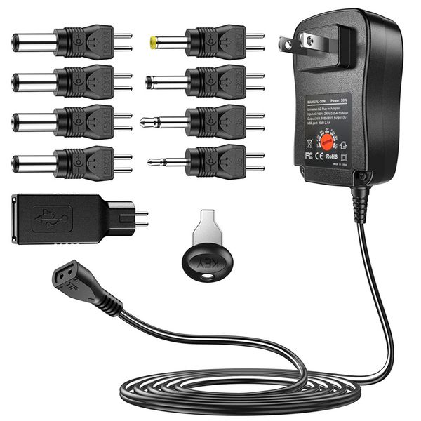 Großhandelsnetzteil 9 in 1 Einstellbare Spannung 3V/4,5V/5V/6V/7,5V/9V/12V einstellbarer Anoden-Kathoden-Netzteiladapter 12W 30W Universaladapter für EU/US/AU/UK-Stecker