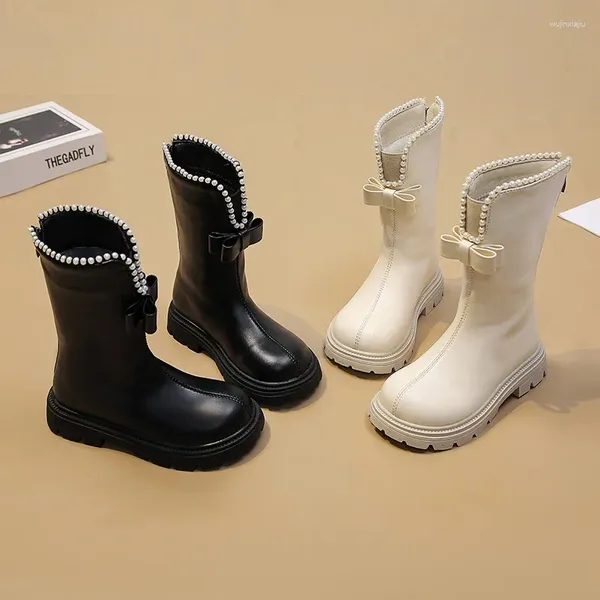 Botas 2024 meninas alta moda pérola arco design crianças sapatos de neve para menina princesa outono inverno crianças bota