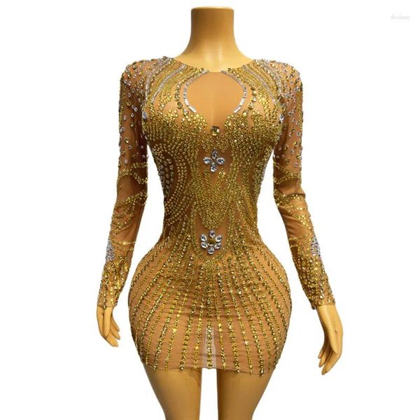 Stage Wear Luxury Gold Strass Mesh Stretch Sexy Aderente Abito corto Bar Cantante Performance Party Celebrare il costume