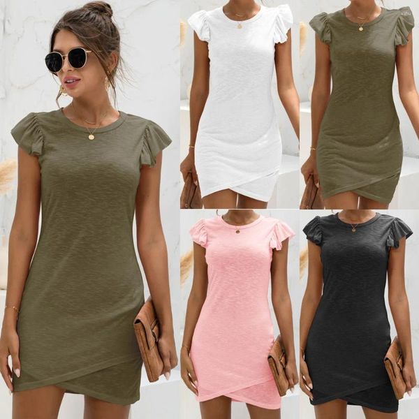 Lässige Kleider 2024 Sommer Slim Sexy Rüschen Kurzarm Cross Dress Bohemian Crewneck Skinny T-Shirt