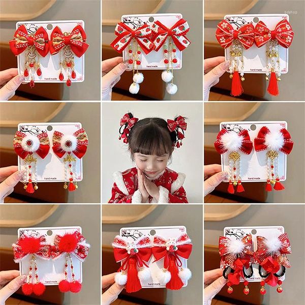 Acessórios de cabelo Red Children's Clip Chinês Estilo Hanfu Headwear Mulheres Peruca Borla Cartão De Pelúcia Hairpin