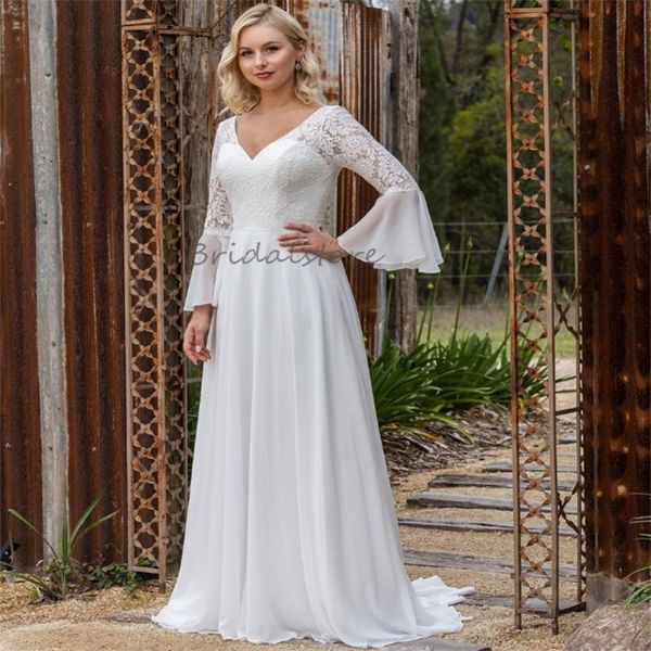 Sommer Strand Brautkleider 2024 Sexy V-Ausschnitt Langarm Böhmisches Brautkleid Rückenfrei Country Fairy Brautkleider Bodenlang Chiffon Robe De Mariee Civil Novias