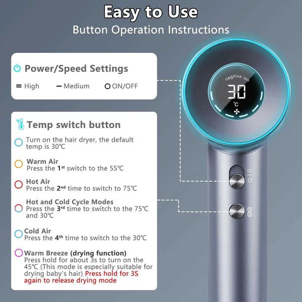 Ds VS Trockner YAWEEN Negative Ionen 110000 U/min Professioneller Hochgeschwindigkeits-Haartrockner Geräuscharmes LED-Licht Temperaturanzeige Schnell trocknend MIX LF