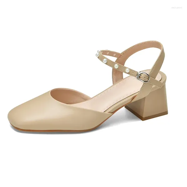 Sandali da donna con strass dolci, cinturino alla caviglia estivo, con tacco alto e spesso, sandali da carriera da donna, albicocca, beige, quadrati, scarpe con punta chiusa