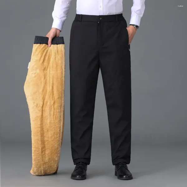 Ternos masculinos de cor sólida, calças retas com forro de pelúcia, cintura elástica, estilo empresarial para escritório