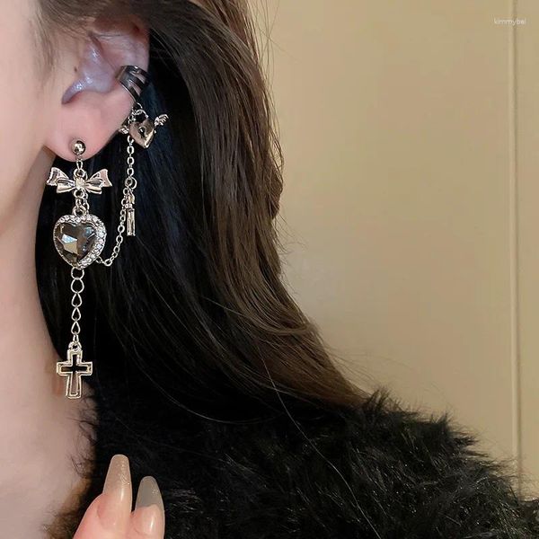 Brincos pendurados doce strass arco em forma de coração cruz gota clipes de orelha para mulheres jóias de festa