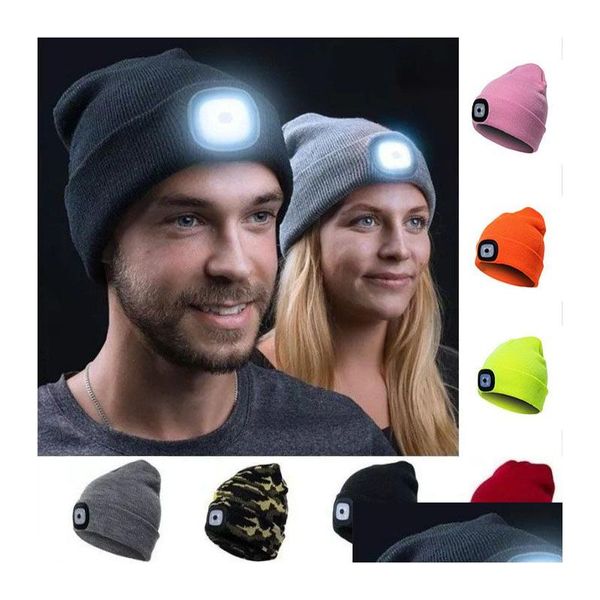 Partyhüte Unisex Outdoor Radfahren Wandern Led Licht Strickmütze Winter Elastische Beanie Mütze mit Beleuchtung Weihnachtsgeschenk Drop Lieferung nach Hause Dh7Ud