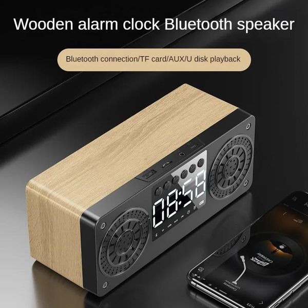 Altoparlanti Altoparlante Bluetooth in legno con subwoofer, lettore di schede disco U, sveglia e supporto per telefono cellulare per casa e ufficio