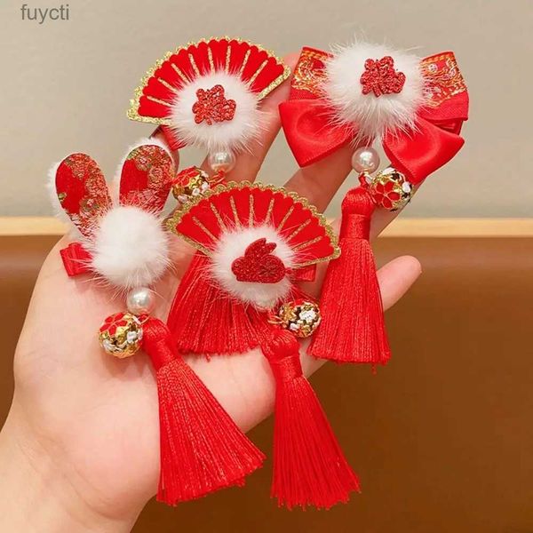 Chapéus de festa de pelúcia crianças arco vermelho hairpin bonito coelho fã chinês ano novo headwear borla tang terno grampo de cabelo hanfu varas de cabelo meninas yq240120