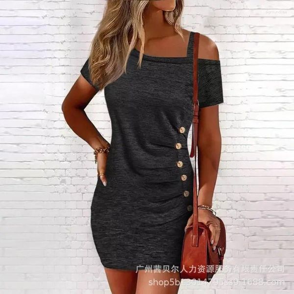 Casual Kleider Y2k Kalte Schulter Seite Geknöpft Kleid Schrägen Hals Frauen Sexy Paket Hüfte Elegante Vestidos 2024 Sommer