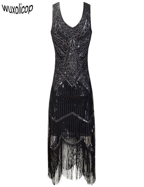 Mulheres festa robe femme 1920s grande gatsby flapper lantejoulas franja midi vestido verão arte deco retro vestido preto q1904259681948