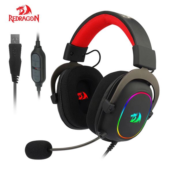 Fones de ouvido Redragon H510RGB Zeus x Gaming fone de ouvido Ruído do microfone cancelamento 7.1 Usb Surround Computador fone de ouvido EQ Controller