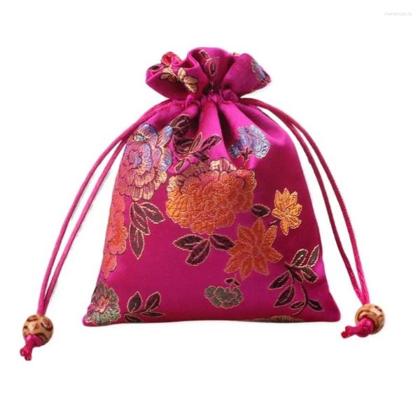 Sacos de compras estilo chinês bordado flor cordão saco moeda bolsa doces jóias embalagem balde étnico pequena carteira