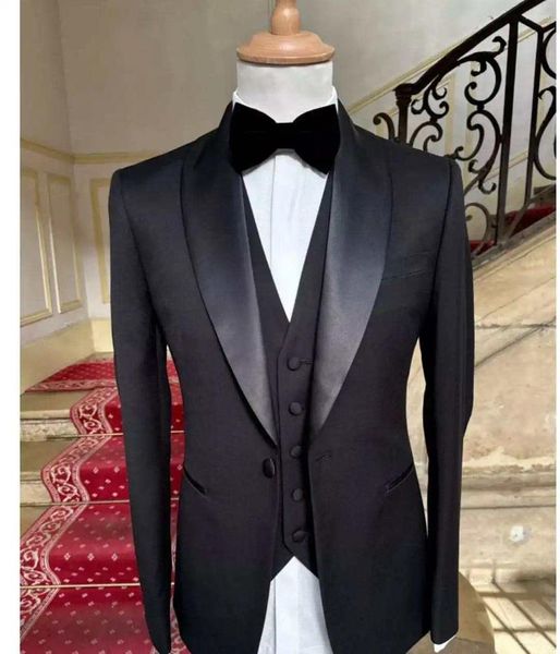 Мужские костюмы черные мужские свадебные 3 предмета атласная шаль с лацканами 1 пуговица мужские пиджаки одежда для выпускного вечера Terno Masculino костюм Homme пальто брюки жилет