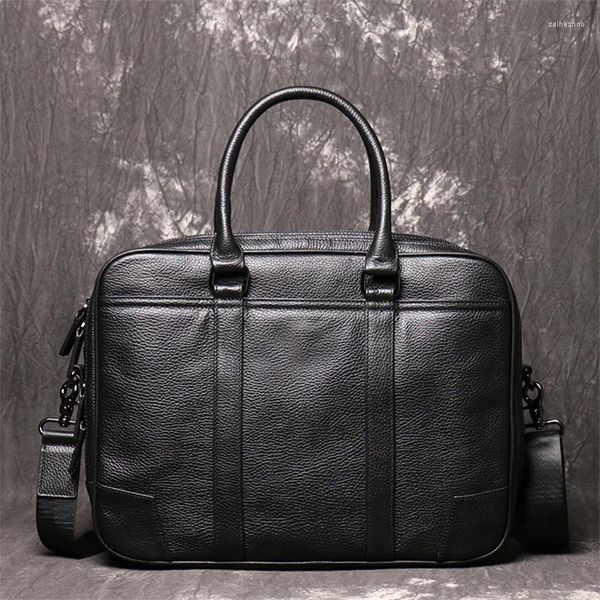 Valigetta di fascia alta Due tasche principali Nera in vera pelle A4 Office Executive Donna Uomo Valigetta 14 '' Laptop Portfolio Messenger Bag M1814