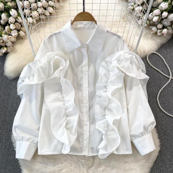 Женские блузки Clothland, женская милая блузка с рюшами, однобортная рубашка ярких цветов с длинными рукавами, милые женские шикарные топы Blusa Mujer LB026