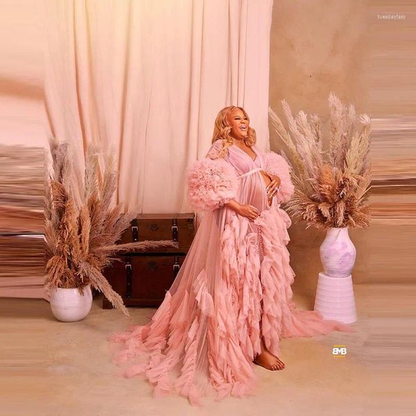 Vestidos casuais elegante rosa babados drapeados longos vestidos de maternidade totalmente plissados ruffled tulle vestido de gravidez exuberante sheer ver através de malha mulheres