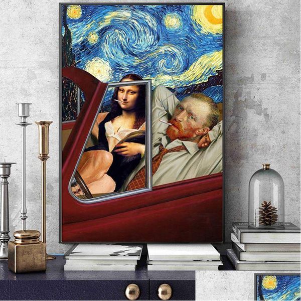 Pinturas Arte Engraçada Van Gogh e Mona Lisa Dirigindo Canvas Pôsteres Abstratos Pinturas a óleo em fotos de parede Home Drop Delivery H Dhski