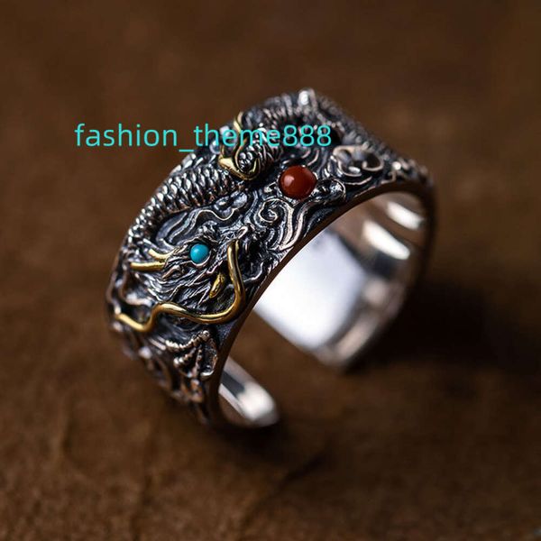 Anelli da uomo vintage anno del drago 2024 Lucky Fengshui anello in argento antico con fascia grossa del drago per uomo