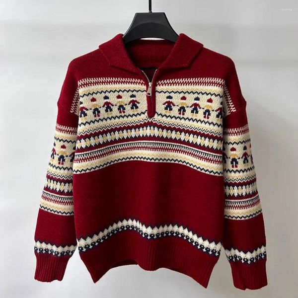 Erkek Sweaters Japonya Kadınlar Büyük Boy Kırmızı Zip Y2K Triko Külot Sweatshirtler Çizgili Bultlenek Kazak Jumper Kadınlar için Sokak Giysesi