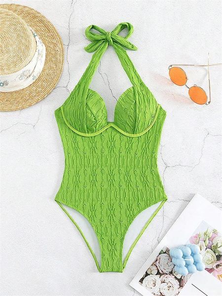 Indossare un costume intero sexy con ferretto verde 2023 Halter Solid Push Up Tummy Control Costumi da bagno Estate Backless Costume da bagno Monokini