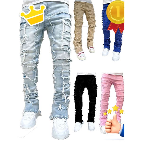 Men's Purple Regular Stack Jeans Fit Stacked Distressed Destroyed Pants Streetwear Clothes Stretch Patch Denim Straight Leg Jeans US Size ed