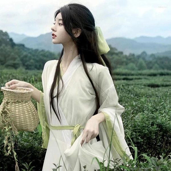Повседневные платья, женское улучшенное свободное платье Hanfu, простой модный простой длинный осенне-зимний костюм с перекрестным воротником, белый элегантный костюм в античном стиле