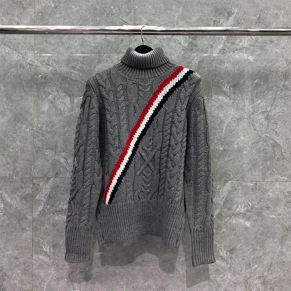 Suéter dos homens Camisola de gola alta de lã de alta qualidade Marca de moda coreana Tops Harajuku Classic Stripe Casual Silm Fit Masculino Pulovers Mulheres