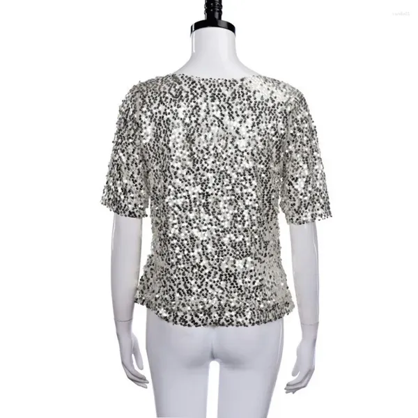 Damenblusen, weiches Damen-Shirt, glitzernde Pailletten, halbe Ärmel, für Party, Abschlussball, Cocktail, atmungsaktiv, O-Ausschnitt, lockere Bluse in einfarbig