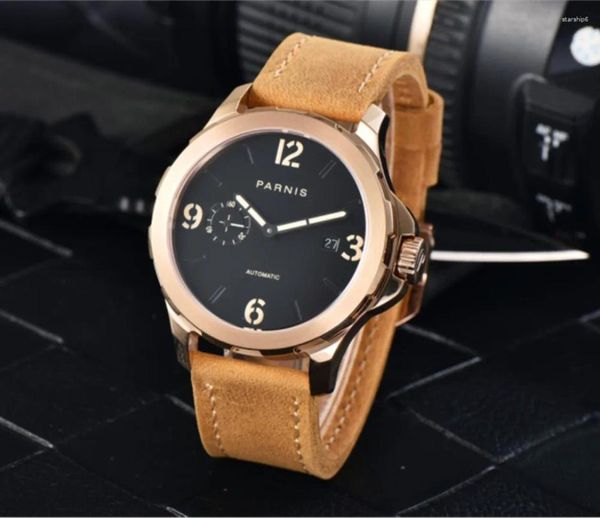 Orologi da polso in oro rosa Orologi meccanici di marca di lusso 44mm Orologio automatico casual da uomo Zaffiro 5Bar Pelle luminosa GR43-21