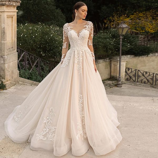 Винтажное атласное свадебное платье трапециевидной формы для женщин, v-образный вырез, длинный рукав, аппликация, иллюзия, открытая спинка, пуговицы, вечерние платья для невесты, Vestido De Novia