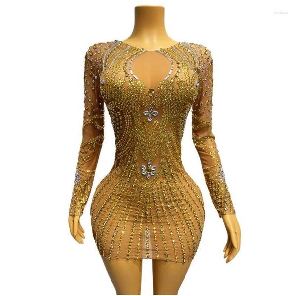 Bühnenkleidung Luxus Gold Strass Mesh Stretch Y Eng anliegendes kurzes Kleid Bar Sänger Performance Party Feiern Kostüm Drop Deliver Otoba