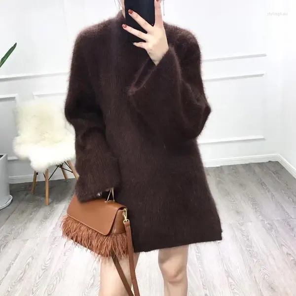 Camisolas femininas Angola Cores personalizadas 2024 Genuine Mink Cashmere Camisola Mulheres Pulôveres De Malha Pura Casaco Grosso Casaco Z386