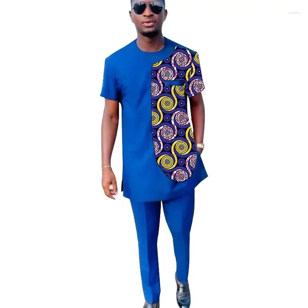 Tracksuits masculinos Africano Imprimir Patchwork Tops com Calças Sólidas Royal Azul Mangas Curtas Homens Define Sob Medida Nigeriano Noivo Terno Masculino Festa