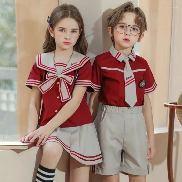 Conjuntos de roupas listrado uniforme escolar para meninas meninos marinheiro colarinho t camisa saia plissada shorts arco roupas estudante outfit