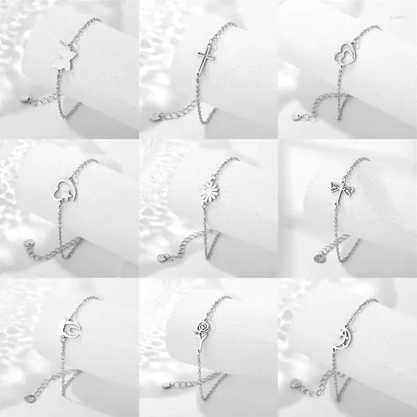 Charme pulseiras 20 pçs/lote aço inoxidável cor prata borboleta coração flor encantos corrente pulseira para mulheres moda jóias presente atacado