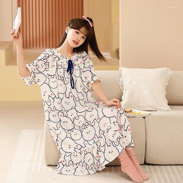 Kadınların Pijama Nightgown Kadınlar Yaz Koreli Tatlı Kız Elbise Baskı Gündelik Nightres Artı Boyutu 4xl Pamuk Gece Gowns