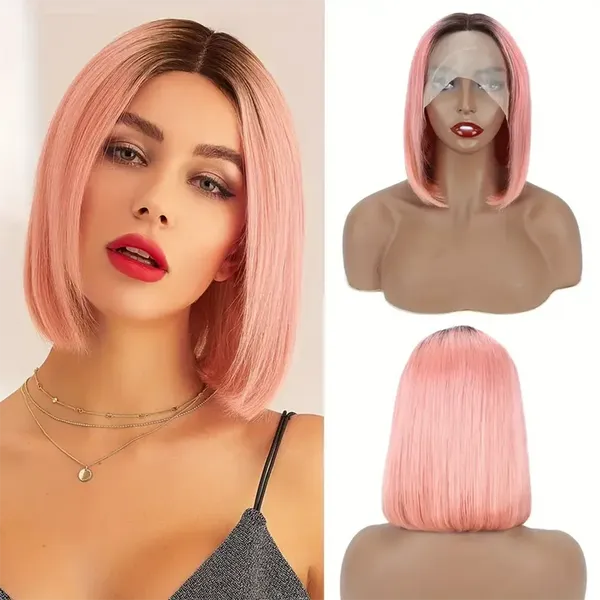 Rosa bob peruca de seda reta frente do laço peruca de cabelo humano para as mulheres curto bob transparente 13x6x1 peruca de renda nós descorados pré arrancados