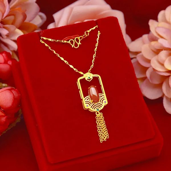 Collana in oro puro 14 k per le donne Gioielli di fidanzamento per matrimonio Ciondolo lungo con nappa lunga in pietra preziosa di cristallo naturale con pietre preziose rosse 240119