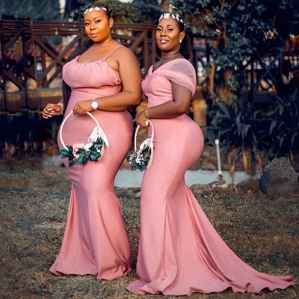 Vestidos de dama de honra júnior rosa sereia elástico cetim renda trem de dama de honra vestidos de noiva para mulheres negras nigerianas meninas casamento br105