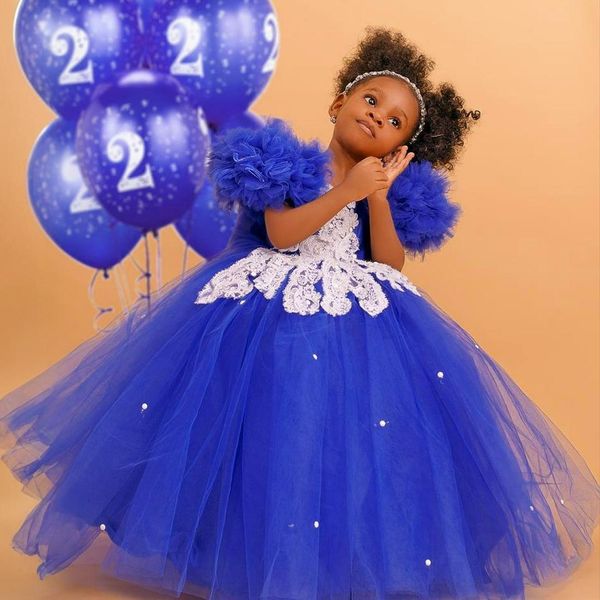 Vestidos florais para meninas azuis reais, mangas curtas, vestidos de baile de tule em camadas, vestido de princesa rainha, renda com contas, vestido de festa de aniversário para crianças NF019